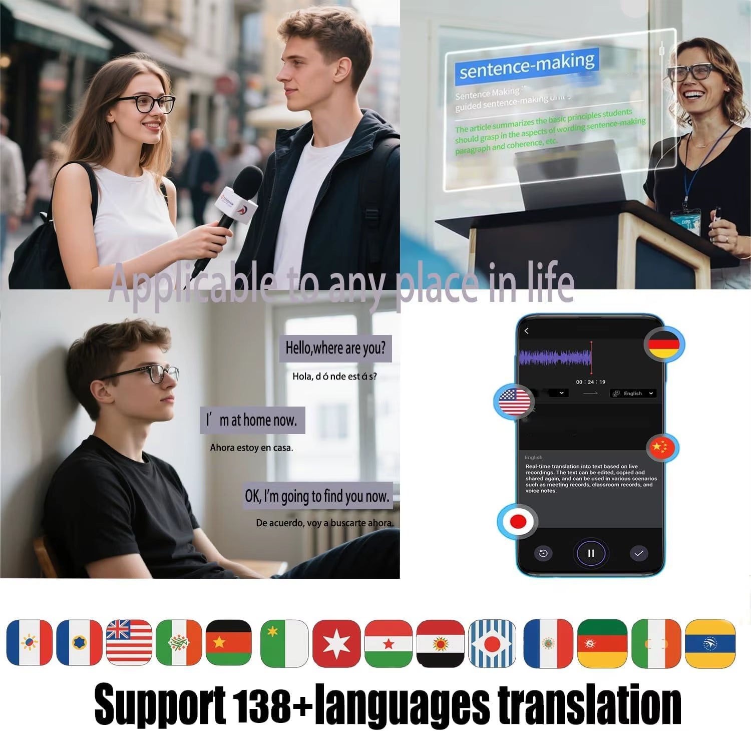 AI Translation Smart Glasses with Photochromic Lenses, Support 160+ Languages Real-Time Translation