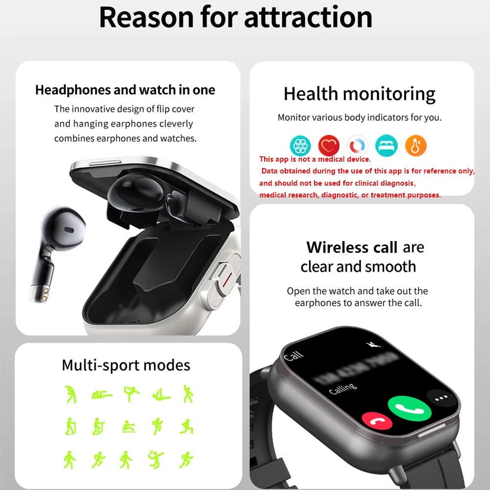 Headset Smartwatch TWS Two in One Wireless Bluetooth Dual Headset Call Health Blood Pressure Calories Sport BT Music Smart Watch