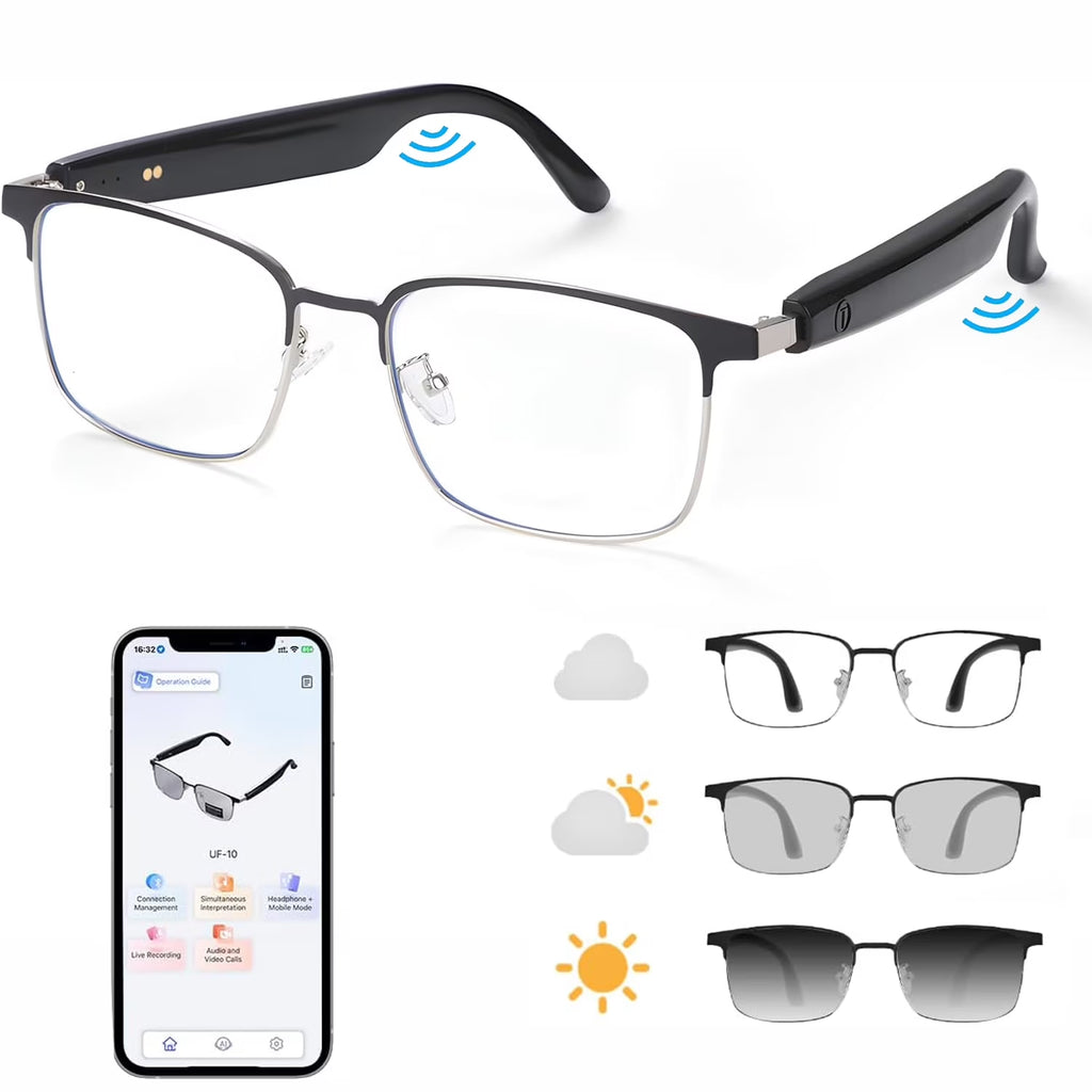 Smart Glasses with AI Translation, Bluetooth Audio Sunglasses with Photochromic Lenses, Voice Assistant, Real-Time Translation, Supports 144+ Languages, Great for Business, Travel Silver
