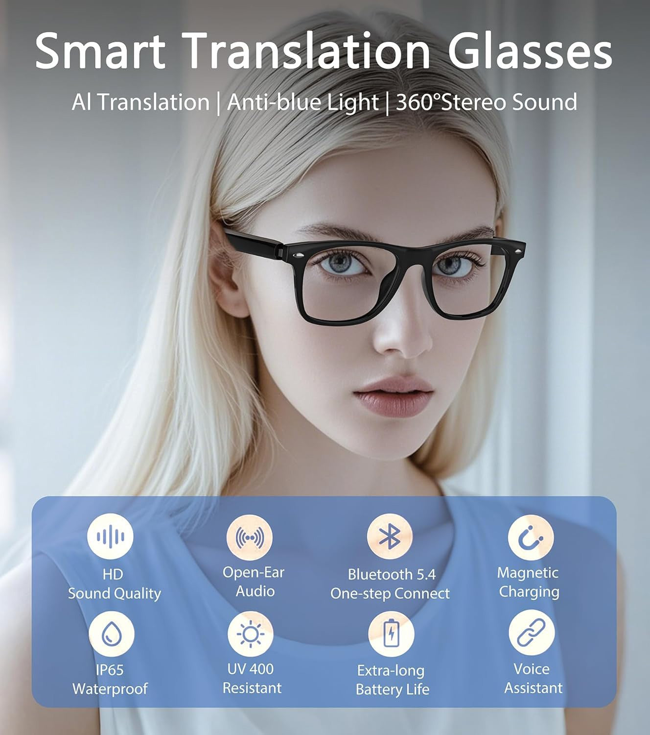 Smart Glasses AI Bluetooth Glasses with 144+ Translation for Men & Woman Travel