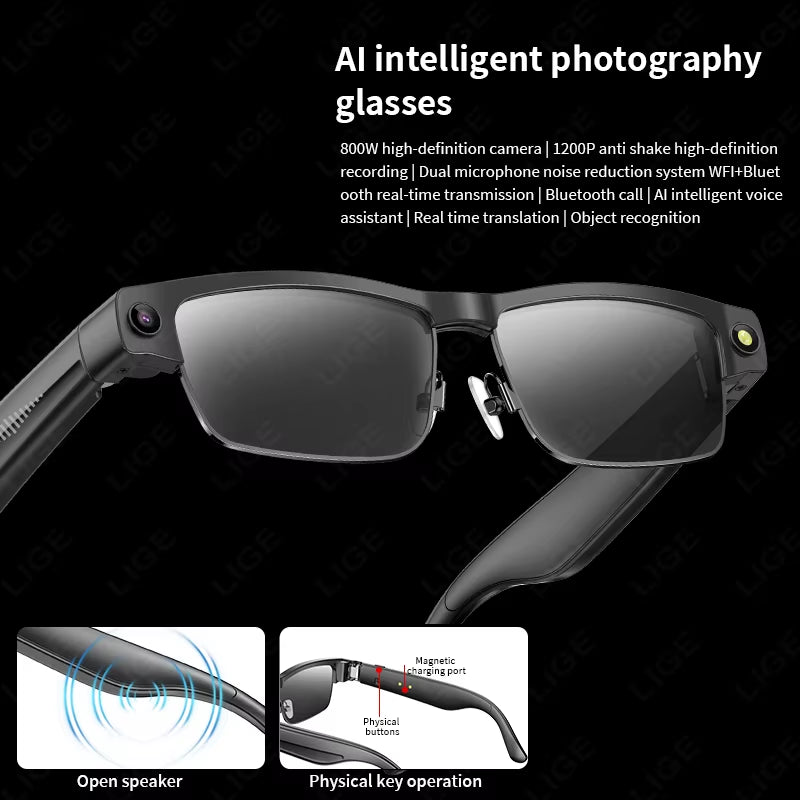 AI Smart Glasses Chat Voice Assistant Control 270Mah Battery 800W HD Camera 1200P Video Shoot Bluetooth Call Sunglasses New