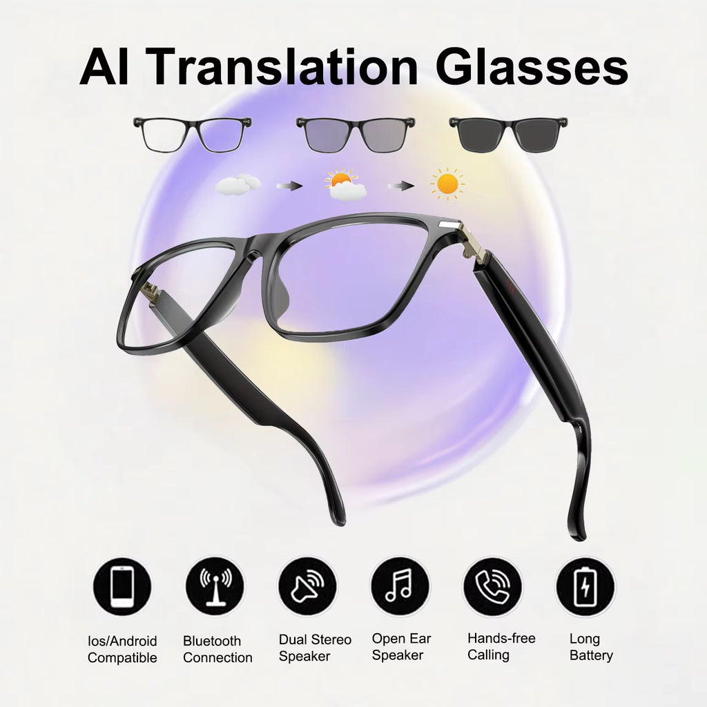 AI Translation Smart Glasses with Photochromic Lenses, Support 160+ Languages Real-Time Translation