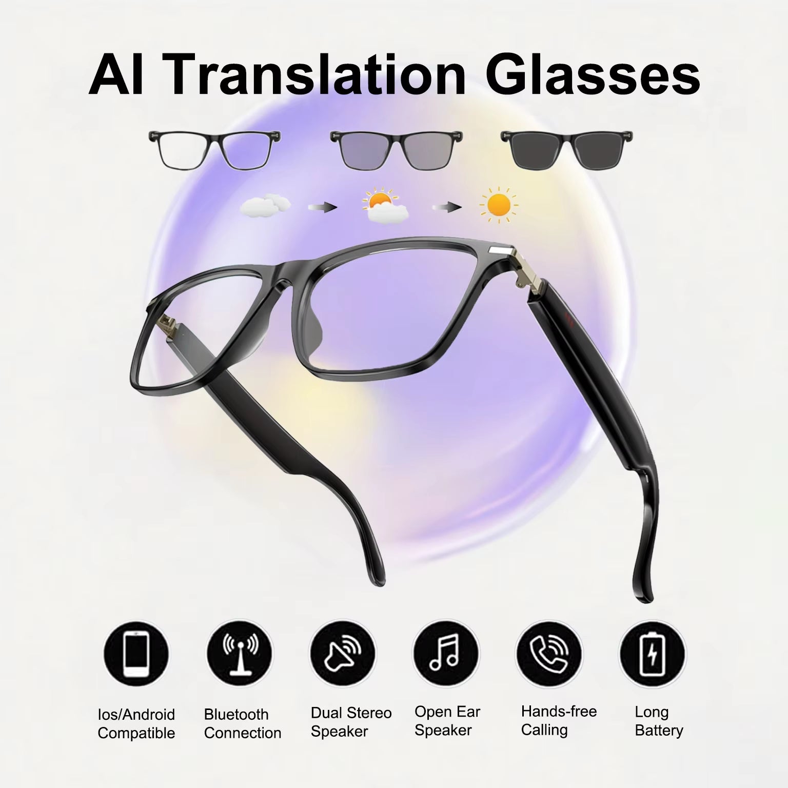 AI Translation Smart Glasses with Photochromic Lenses, Support 160+ Languages Real-Time Translation
