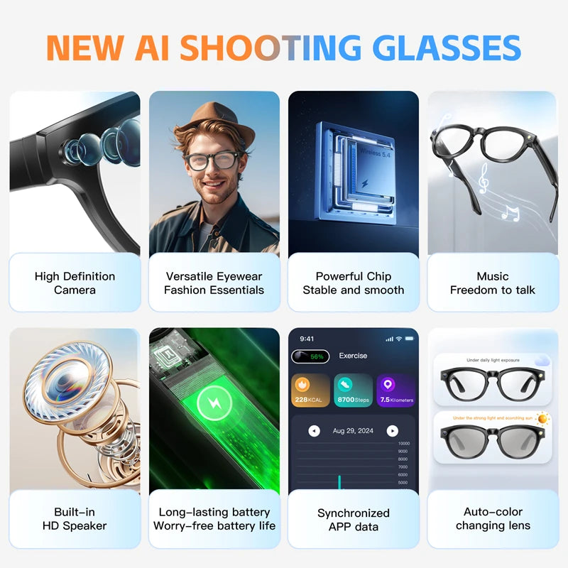 AI Smart Camera Glasses 200MP Bluetooth Smart Glasses Call Playing Music Object Recognition AI Translation Multifunction