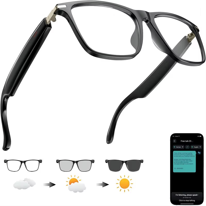 AI Translation Smart Glasses with Photochromic Lenses, Support 160+ Languages Real-Time Translation